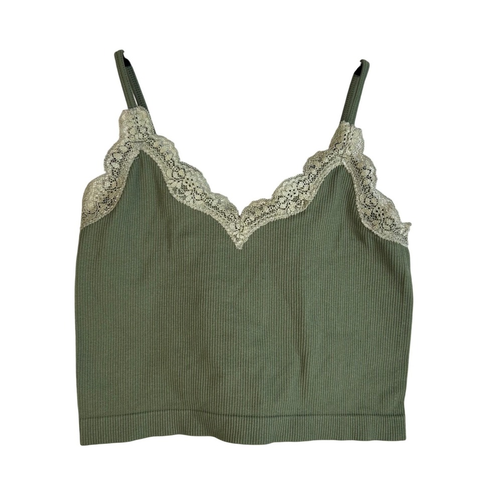 Wild Fable Women's Green Lace Trim Ribbed Cami Crop Top Size XS